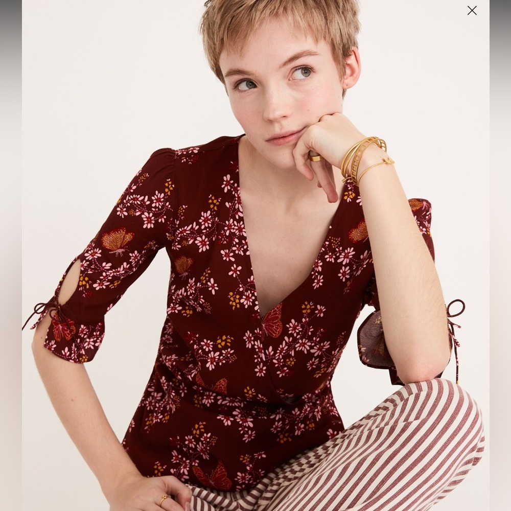 Madewell Tie-Sleeve Wrap Top in Butterfly Sanctuary